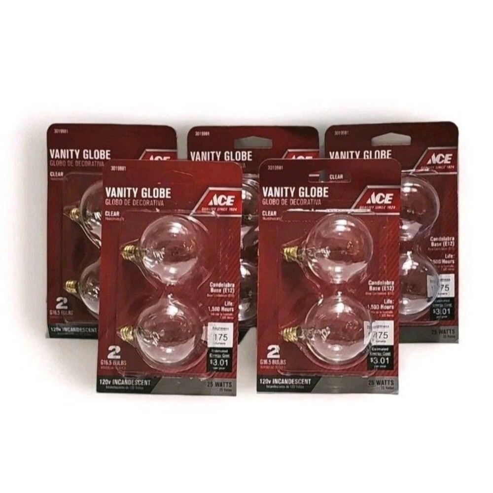 10 ACE 25W Candelabra Base G16.5 Vanity Bulbs